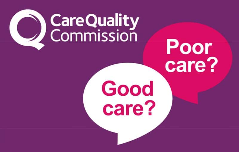 CQC logo with two speech bubbles with the questions Poor Care, Good Care