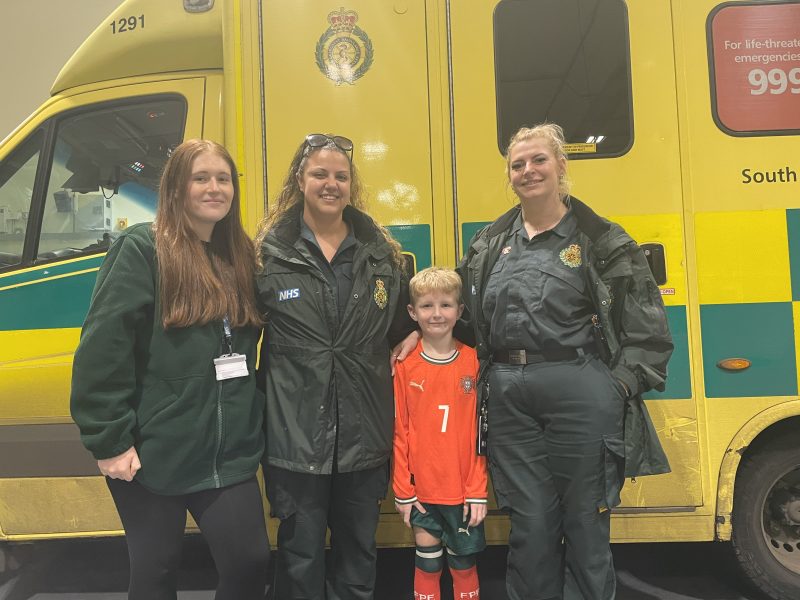 Patient, Samuel alongside call taker Rosie and crewmates Sarah and Leanne.