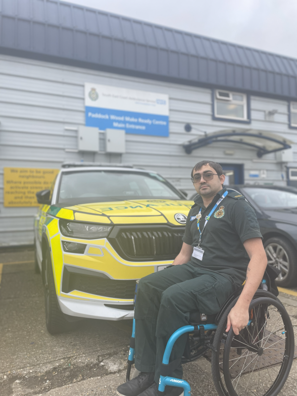 Sebastian Groves in a wheelchair outside Paddock Wood Make Ready Centre