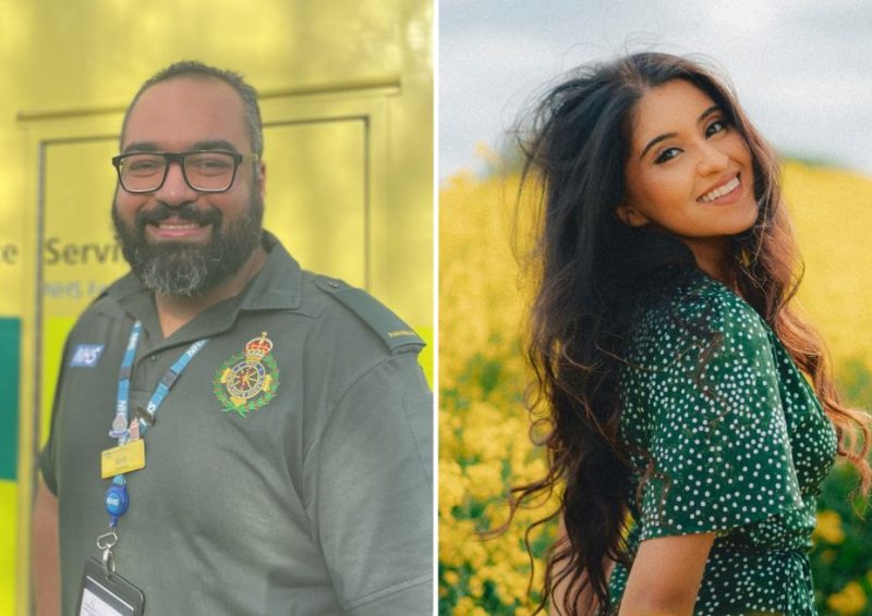 A split panel image showing a male paramedic in front of an ambulance and a female 111 health advisor wearing a green dress.