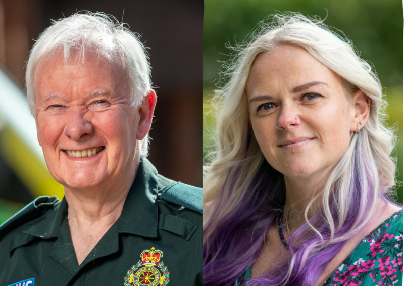 Two head and shoulder pictures side-by-side, a white-haired older man in SECAmb uniform on the left, a younger woman with blonde and purple hair on the right.