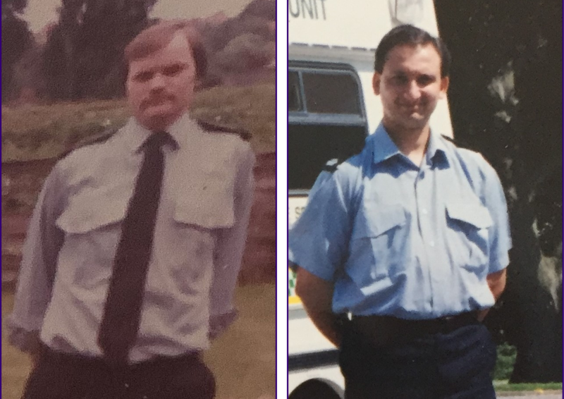 Two men wearing the ambulance uniforms from 1978 and 1985