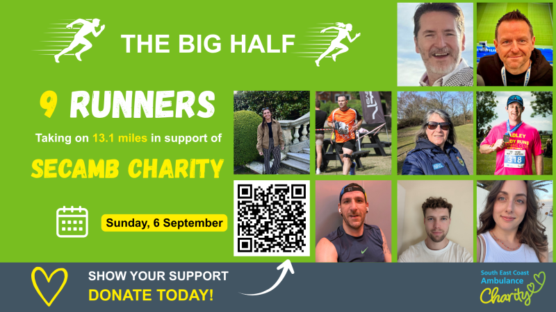 Promotional graphic for The Big Half showing nine SECAmb supporters running a half marathon on 6 September to raise funds for South East Coast Ambulance Charity, with participant photos, donation QR code and charity branding.