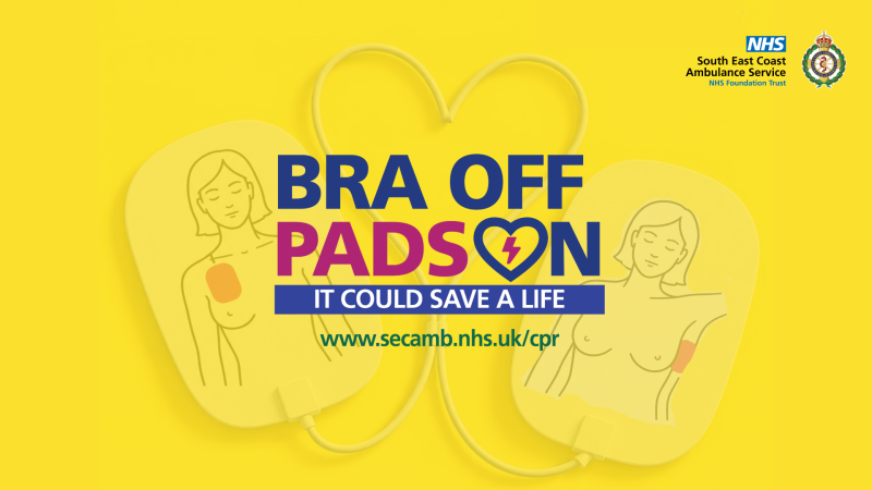 Bra Off Pads On campaign graphic with logo in the centre, yellow background and defib pads in the middle